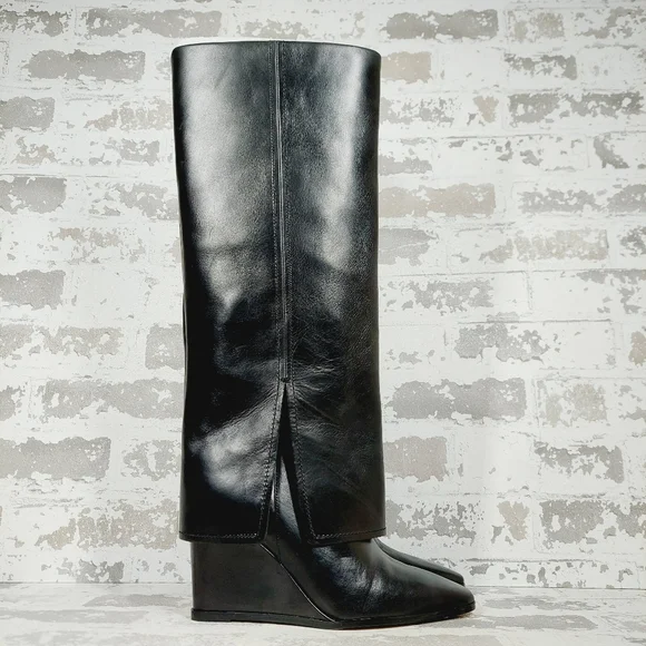 New Vince Camuto Tibani Black Leather Foldover Shaft Knee High Boot. M53